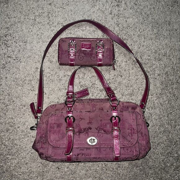Coach F14035 Chelsea Vtg Raspberry Canvas Logo Turnlock Detail Satchel W/ Wallet